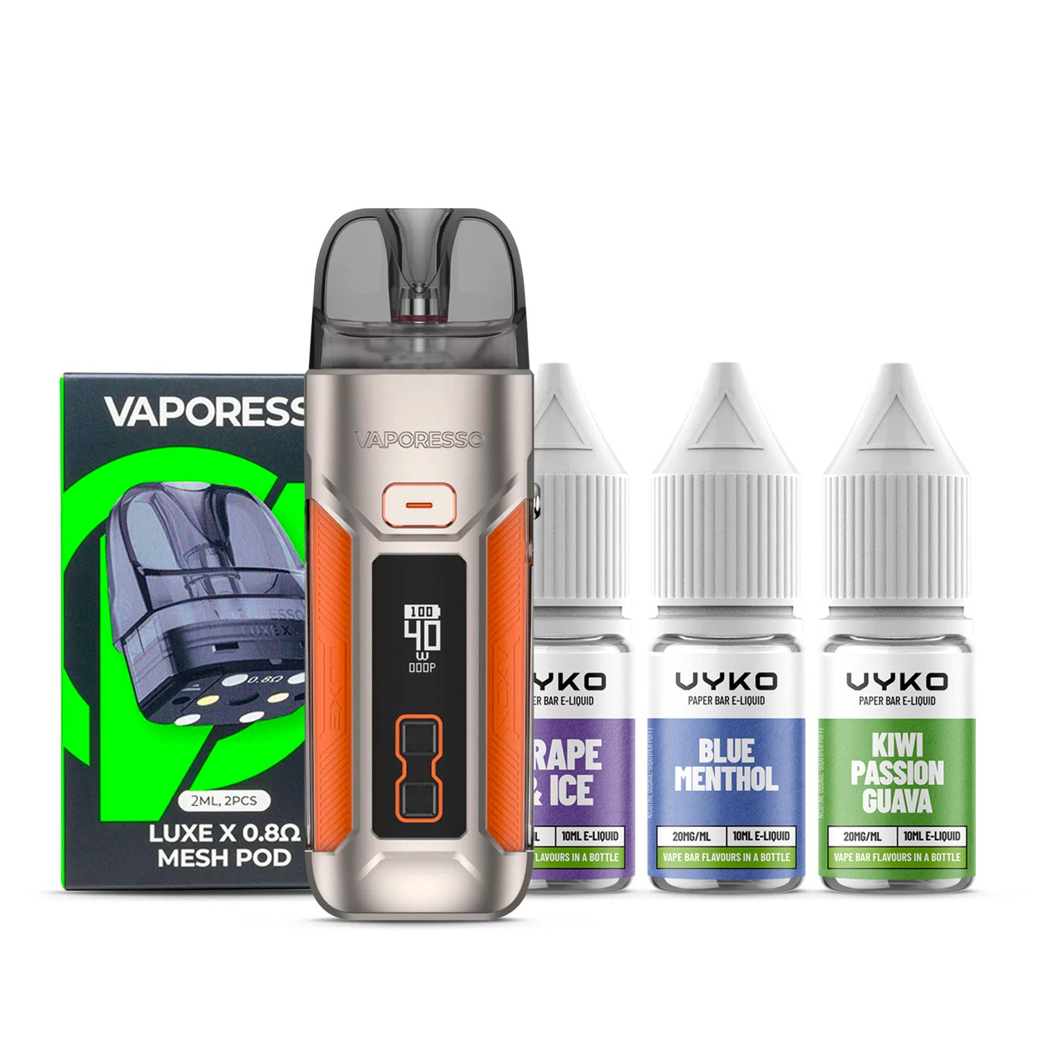Orange Vaporesso Luxe X Pro Kit with a pack of pods and three e-lqiuids