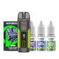 Gunmetal Vaporesso Luxe X Pro Kit with a pack of pods and three e-lqiuids