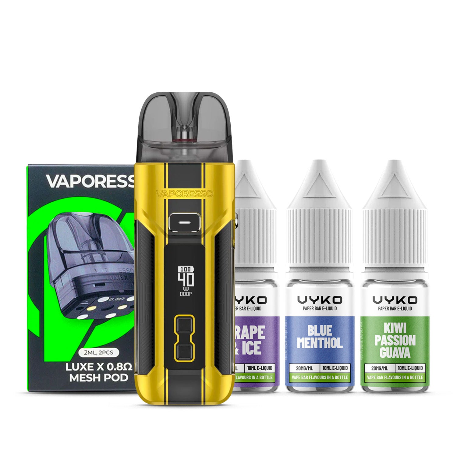 Yellow Vaporesso Luxe X Pro Kit with a pack of pods and three e-lqiuids