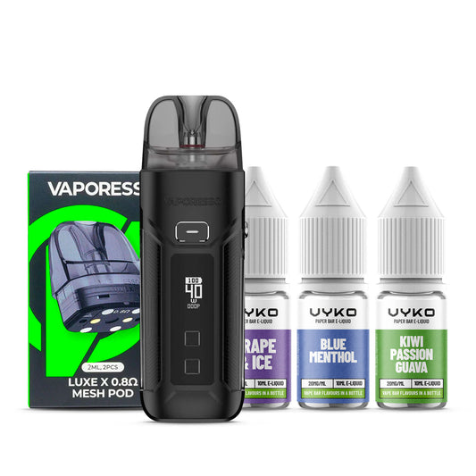 Black Vaporesso Luxe X Pro Kit with a pack of pods and three e-lqiuids