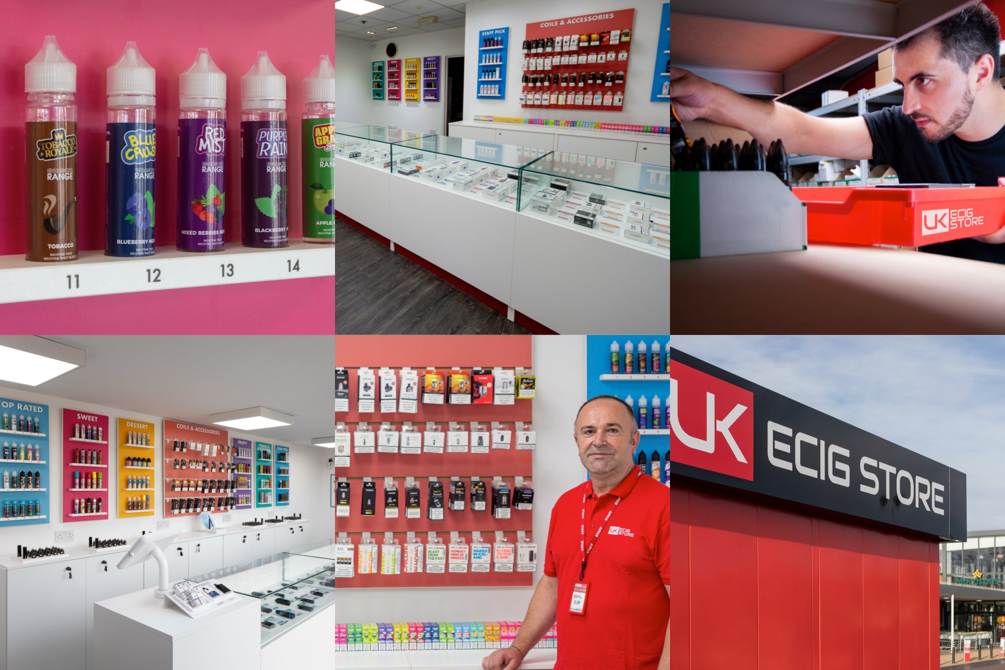 Collage of images showing real life images of the business including e-liquid bottles on a shelf, a view of the physical store in Wembley, a warehouse assistant picking products, a shop employee in front of products and shop signage