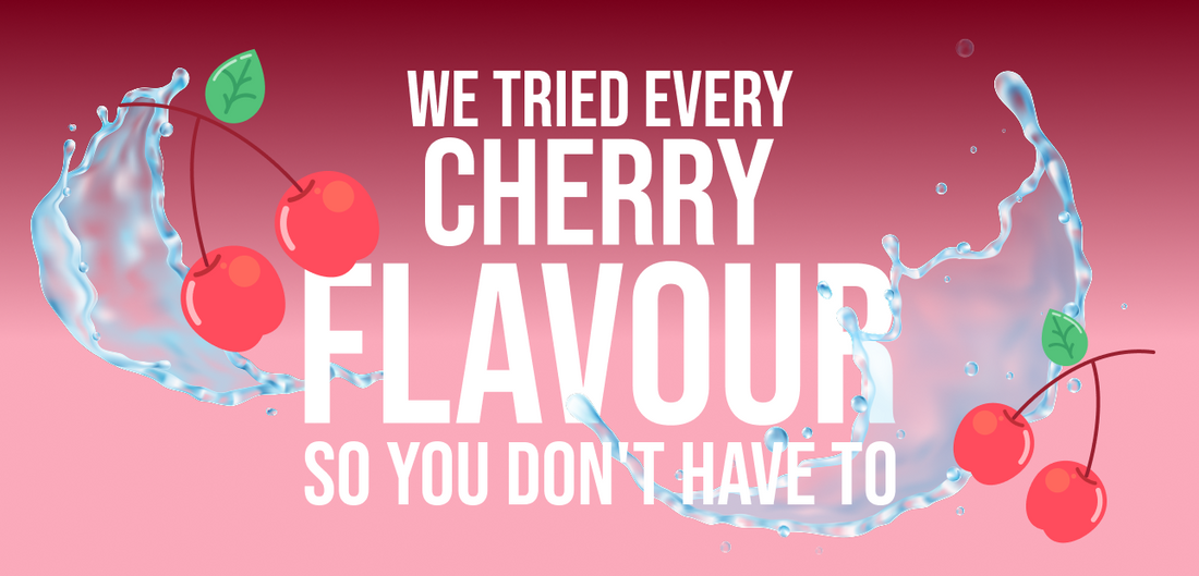 Blog header showing twp pairs of cherries on a red background with text "We tried every cherry flavour so you don't have to"
