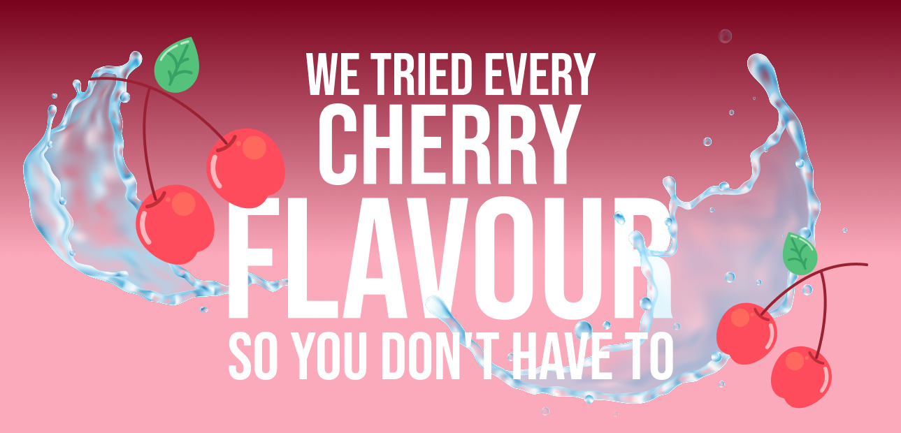 Blog header showing twp pairs of cherries on a red background with text "We tried every cherry flavour so you don't have to"