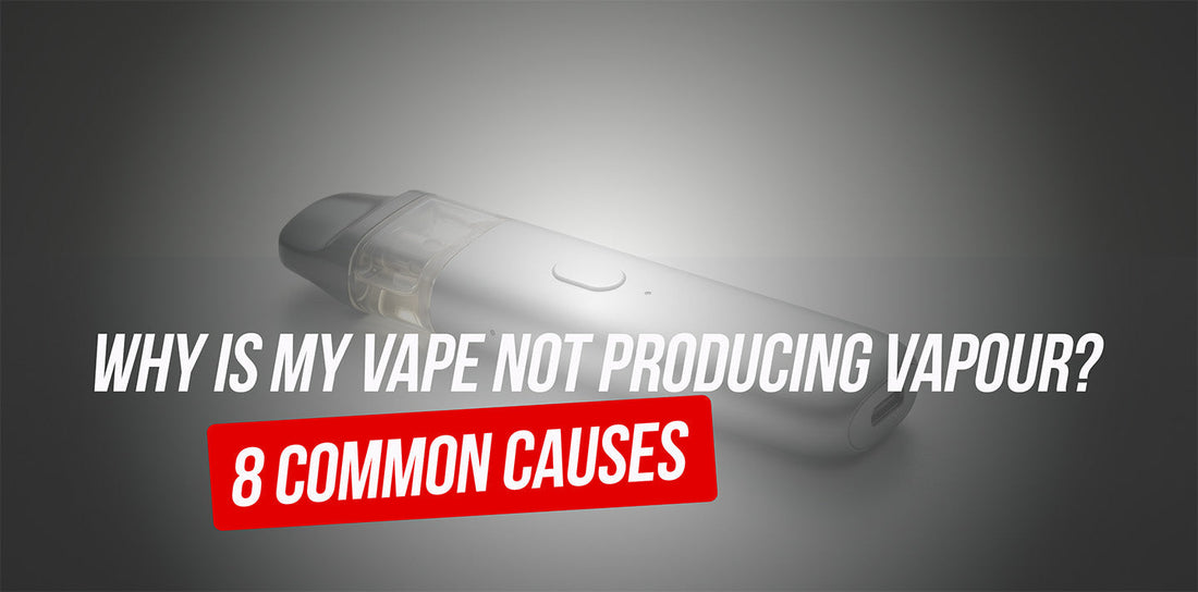 Blog header image showing a vape kit lying on a white surface with text "Why is my vape not producing vapour?"