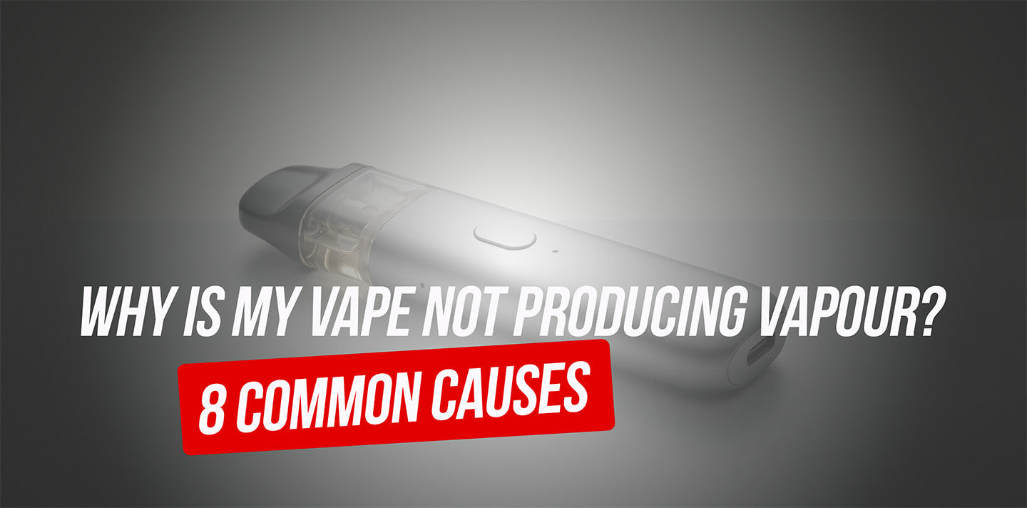 Blog header image showing a vape kit lying on a white surface with text "Why is my vape not producing vapour?"