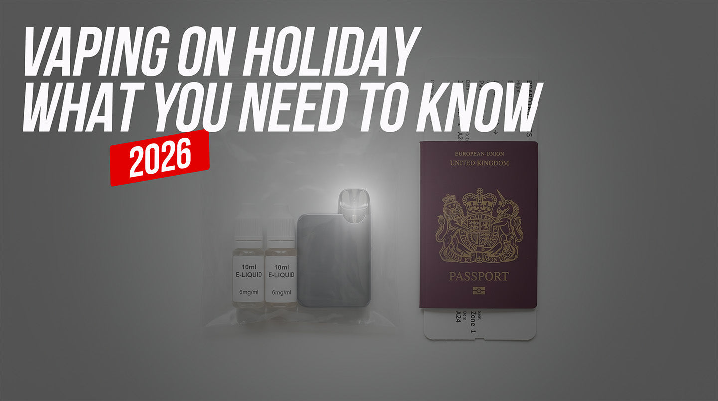 A Vape Kit and a passport on a white surface with the Title - Vaping on Holiday What You Need to Know