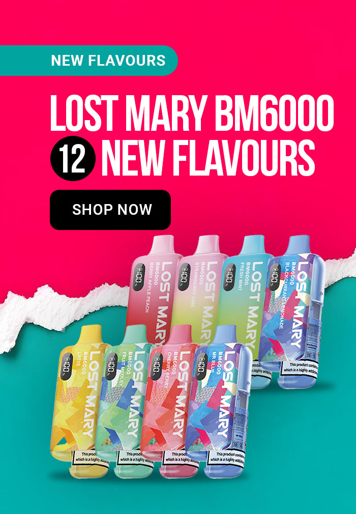 Banner for Lost Mary BM6000 vape kits featuring 12 new flavours. The image shows a group of colorful vape kits in various gradient and solid color designs, set against a split pink and teal background with a torn paper effect.