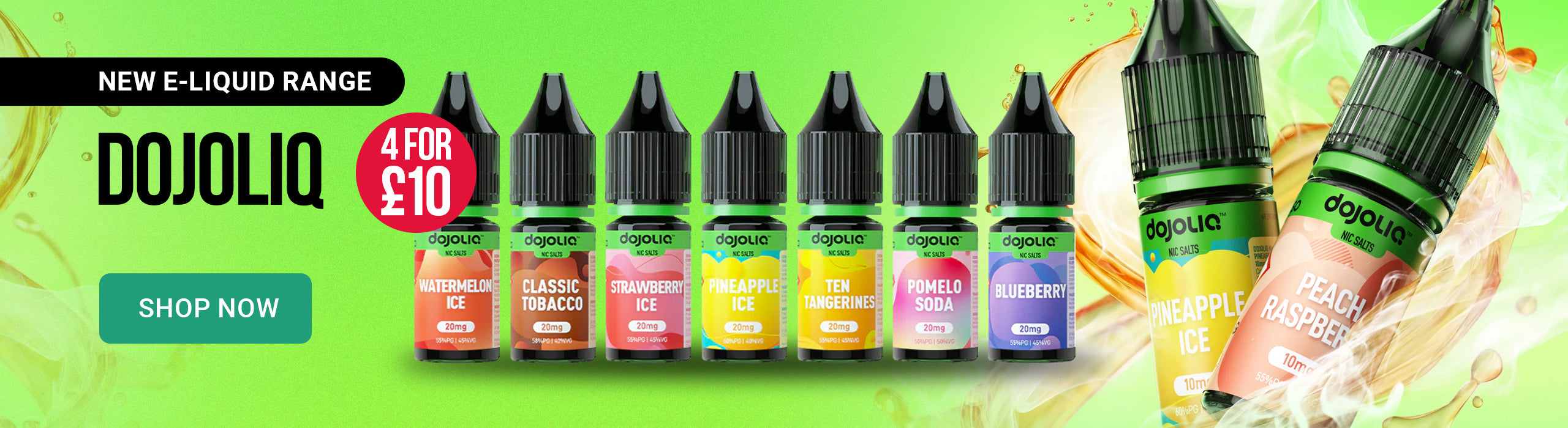 DOJOLIQ e-liquid bottles on a green background with promotional text.