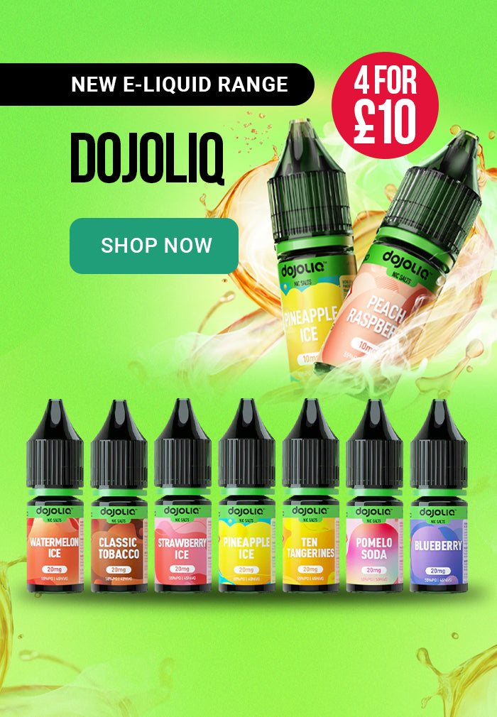 DOJOLIQ e-liquid bottles on a green background with promotional text.