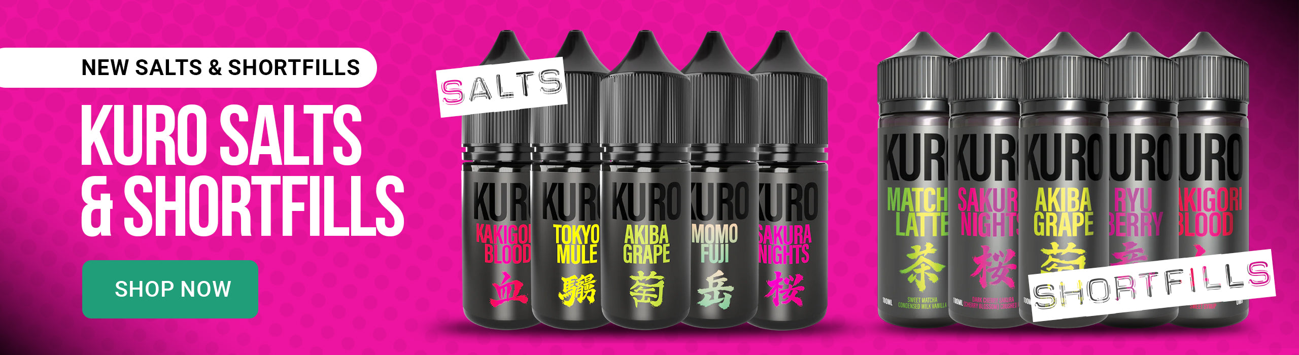 Advertisement for Kuro Salts & Shortfills with product display on a pink background