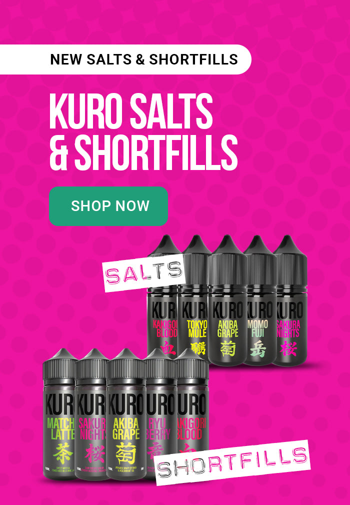 Advertisement for Kuro Salts & Shortfills with product display on a pink background