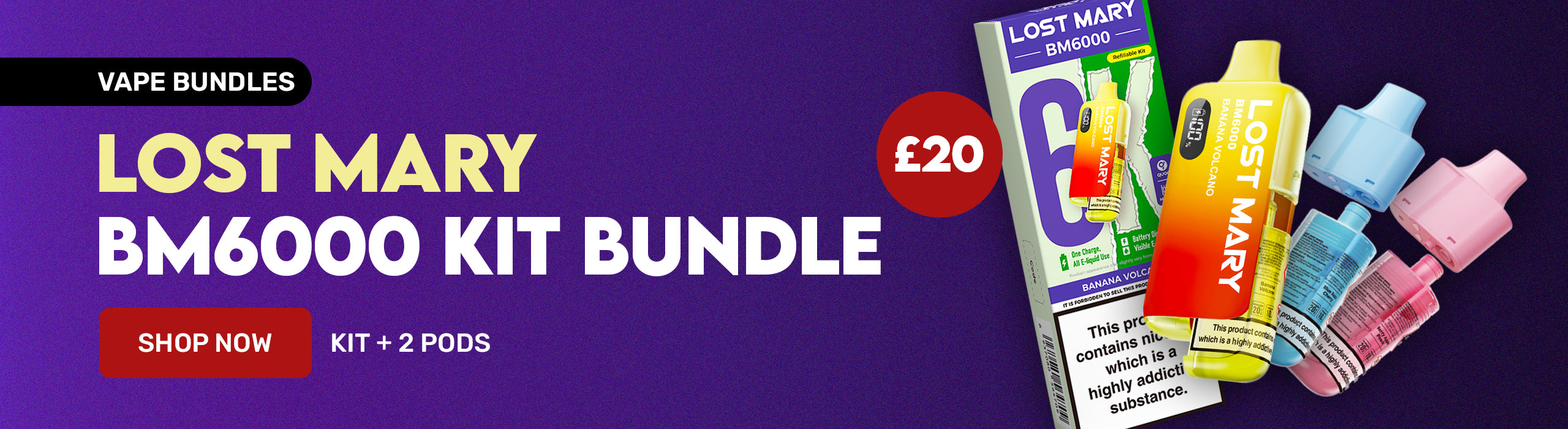 Lost Mary vape kit bundle banner colorful vape devices on a purple background