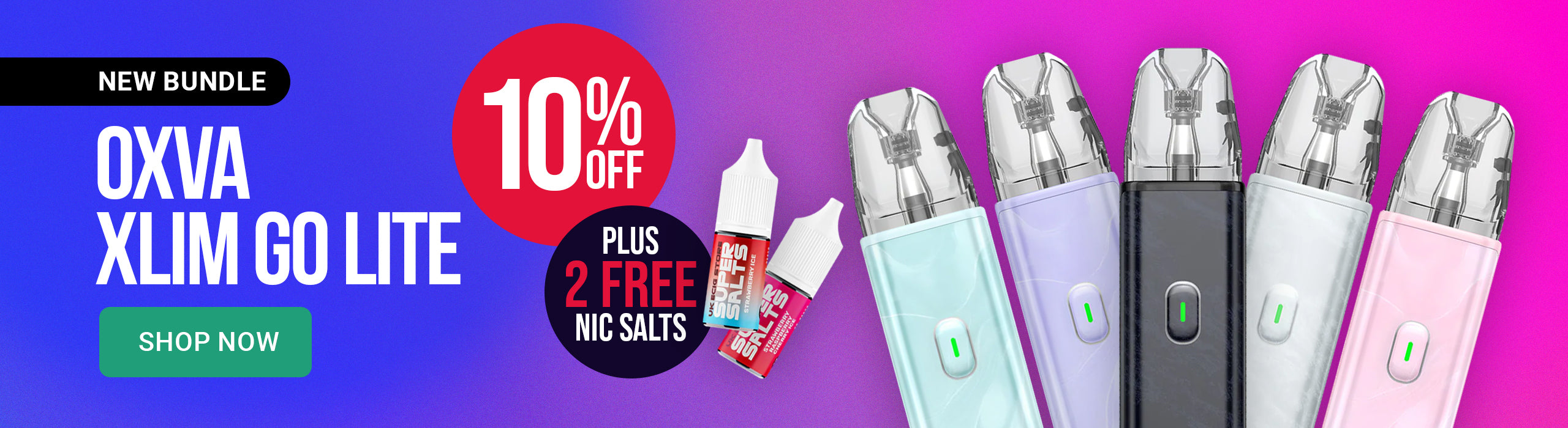 OXVA Xlim Go Lite vape kit in 5 different colours with 2 e-liquid bottle on a blue and pink background