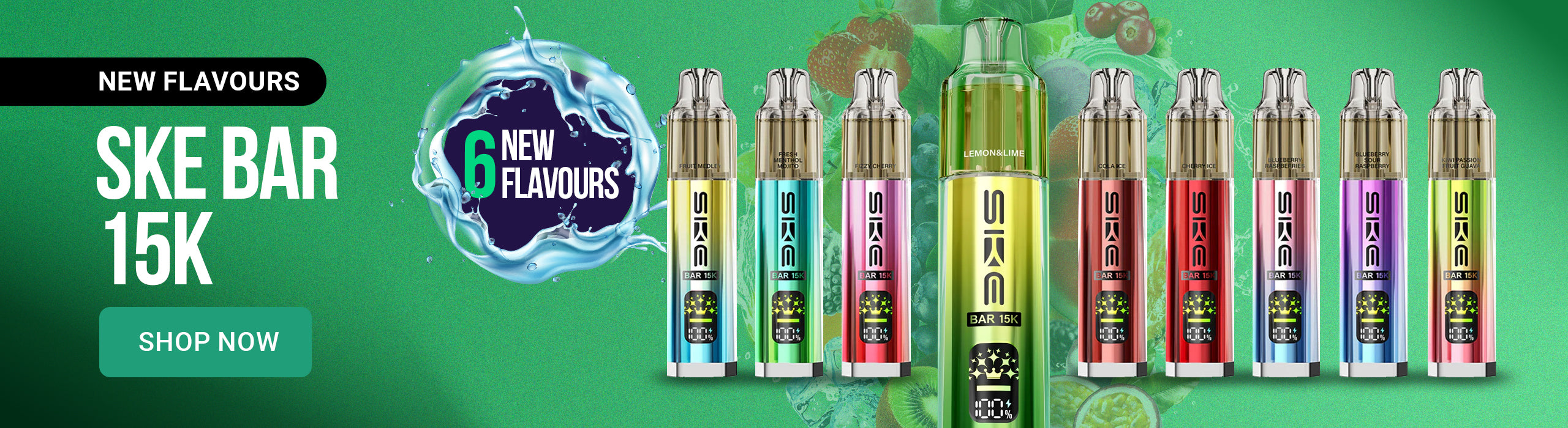 Vape devices with colourful packaging on a green background, featuring 'SKE BAR' and '6 New Flavours' text.