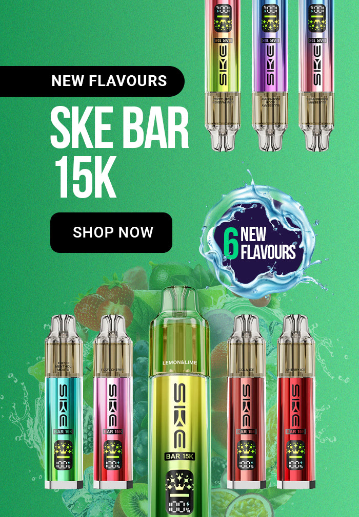 SKE Bar 15K vape devices with colourful packaging on a green background