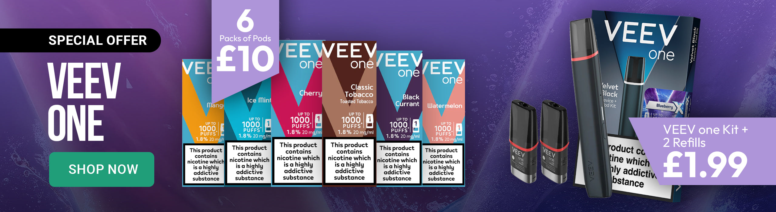 Promotional banner for VEEV One vape devices with packaging and product display on a purple background.