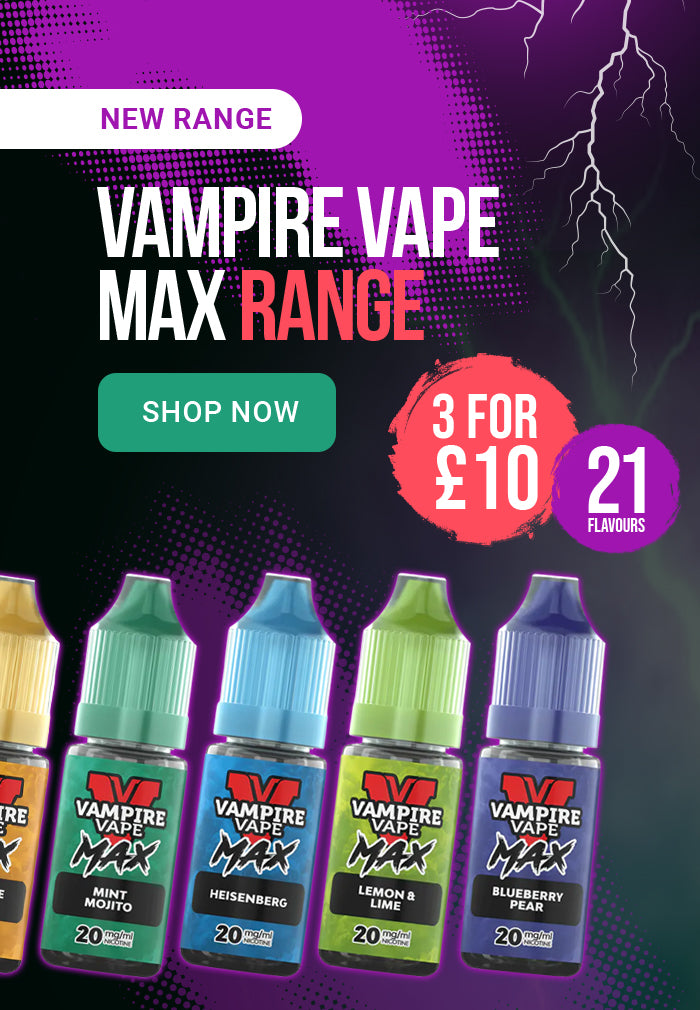 Promotional poster for Vampire Vape Max Range with product bottles and pricing information on a purple background.