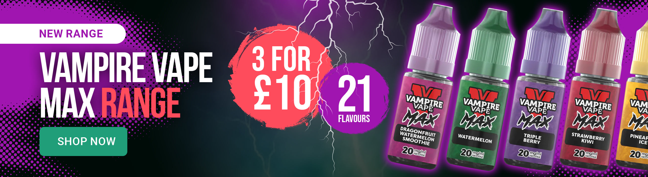 Promotional banner for Vampire Vape Max Range with product bottles and pricing information.