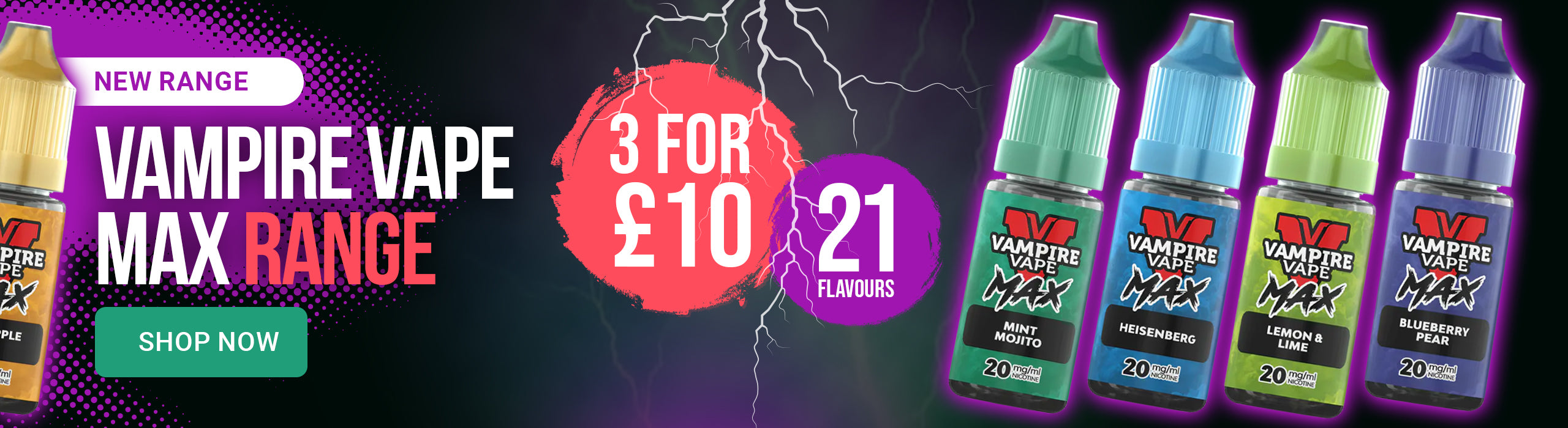 Vampire Vape Max Range advertisement with vape liquids and promotional text on a dark background