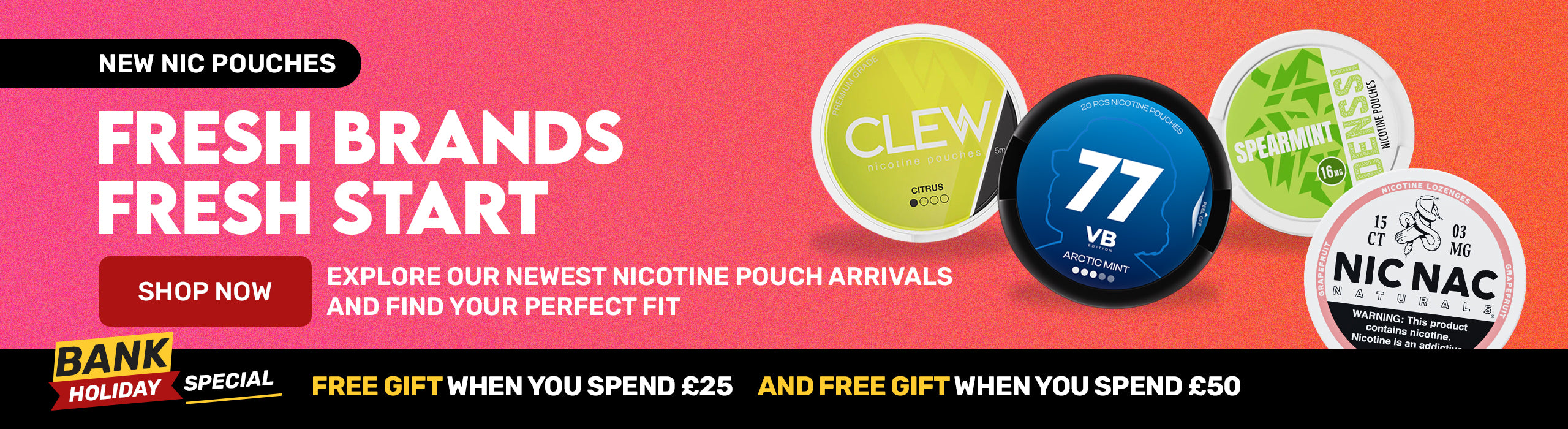 4 cans of nicotine pouches on a red background with a free gift promotional message