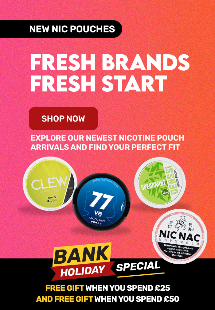 4 cans of nicotine pouches on a red background with a free gift promotional message