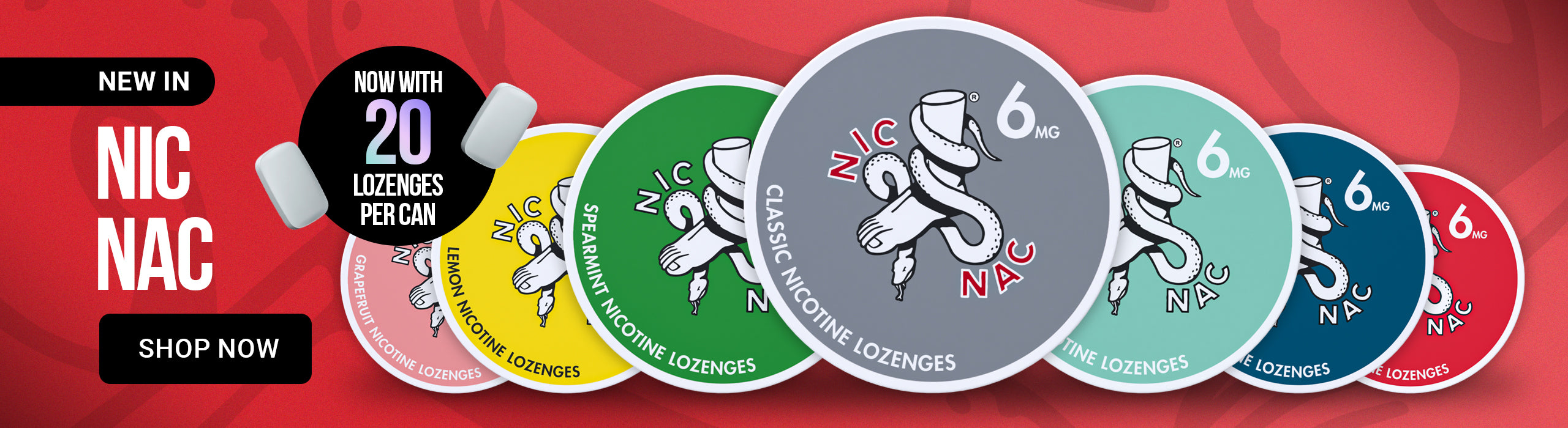 A promotional banner showing several Nic Nac nicotine lozenge packs arranged in a fan on a red background. The packs are labeled with different nicotine strengths and flavors, including 6mg, 8mg, 12mg, and 16mg, with colors such as gray, green, yellow, teal, blue, and red.