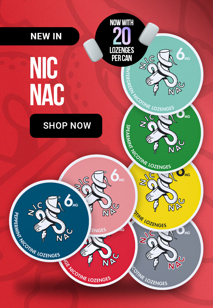 A promotional banner showing several Nic Nac nicotine lozenge packs arranged in a fan on a red background. The packs are labeled with different nicotine strengths and flavors, including 6mg, 8mg, 12mg, and 16mg, with colors such as gray, green, yellow, teal, blue, and red.
