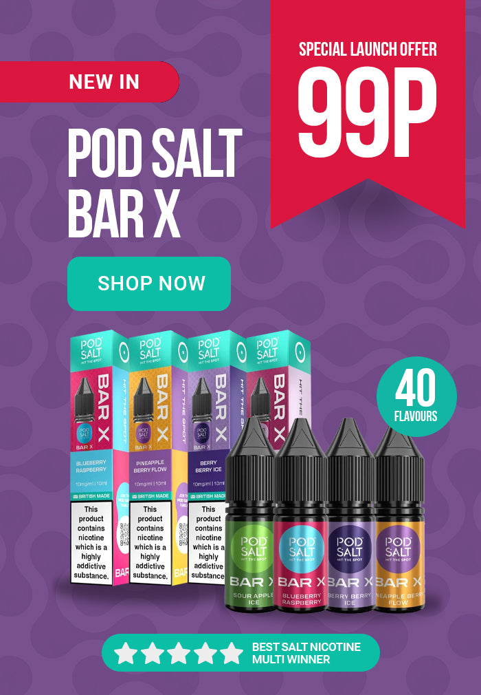 Promotional graphic for Pod Salt Bar X disposable vape devices and boxes, featuring five colorful vape pods and matching retail boxes on a purple patterned background with red and teal promotional text including 'NEW IN', 'SPECIAL LAUNCH OFFER 99P', 'SHOP NOW', and '40 FLAVOURS'.