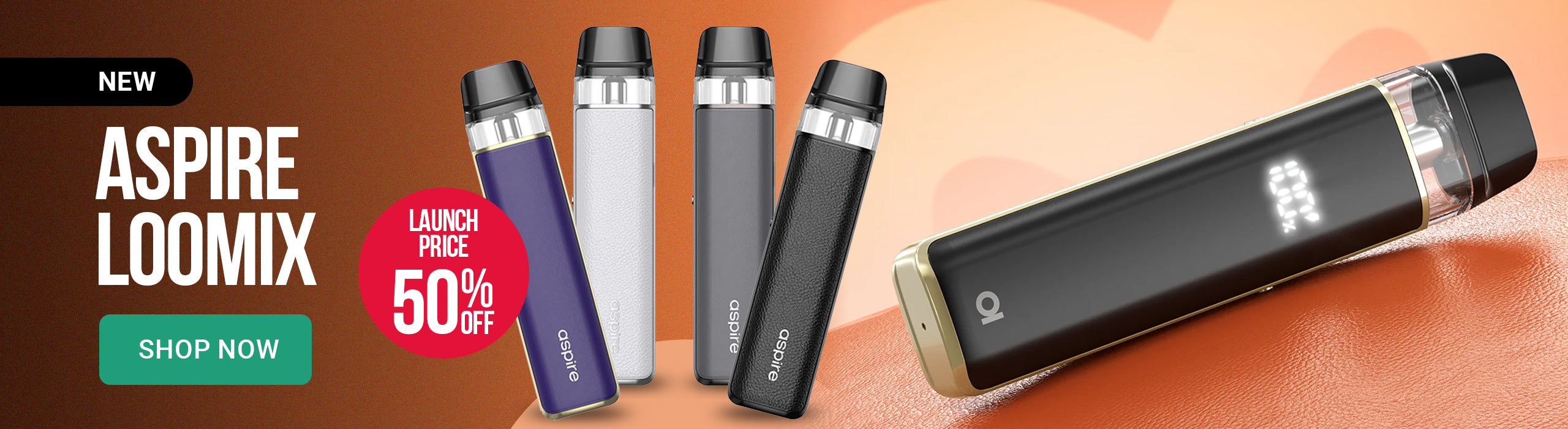 Aspire Loomix vape devices with promotional text on a brown background