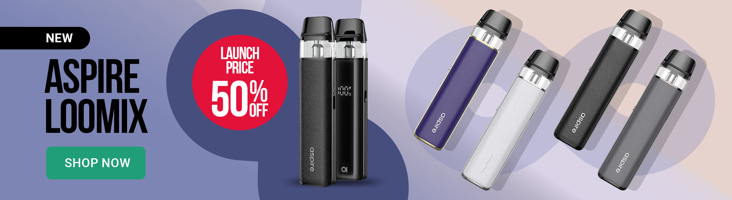 Promotional banner for Aspire Loomix vaping device with launch price discount offer.