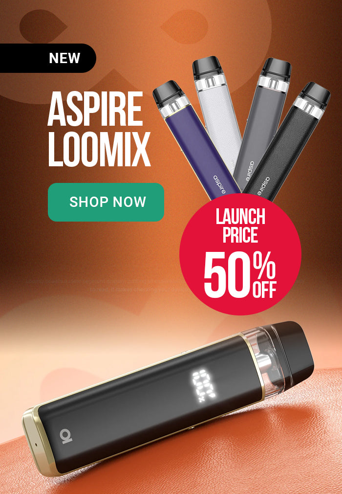 Aspire Loomix vape devices with promotional text on a brown background