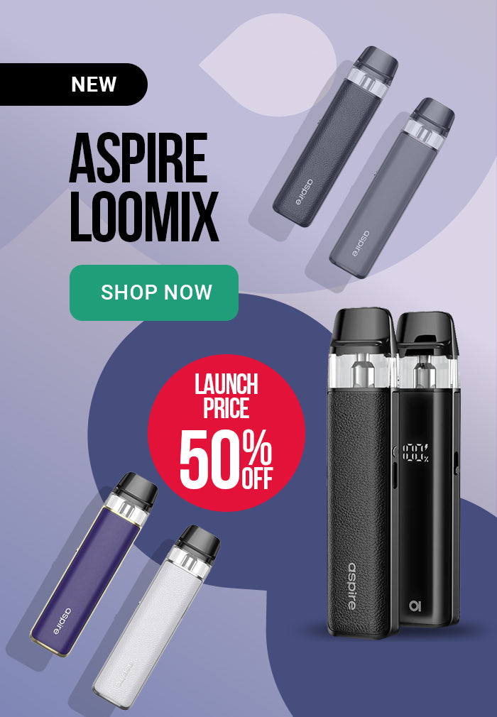 Advertisement for Aspire Loomix vaping devices with promotional text on a purple background
