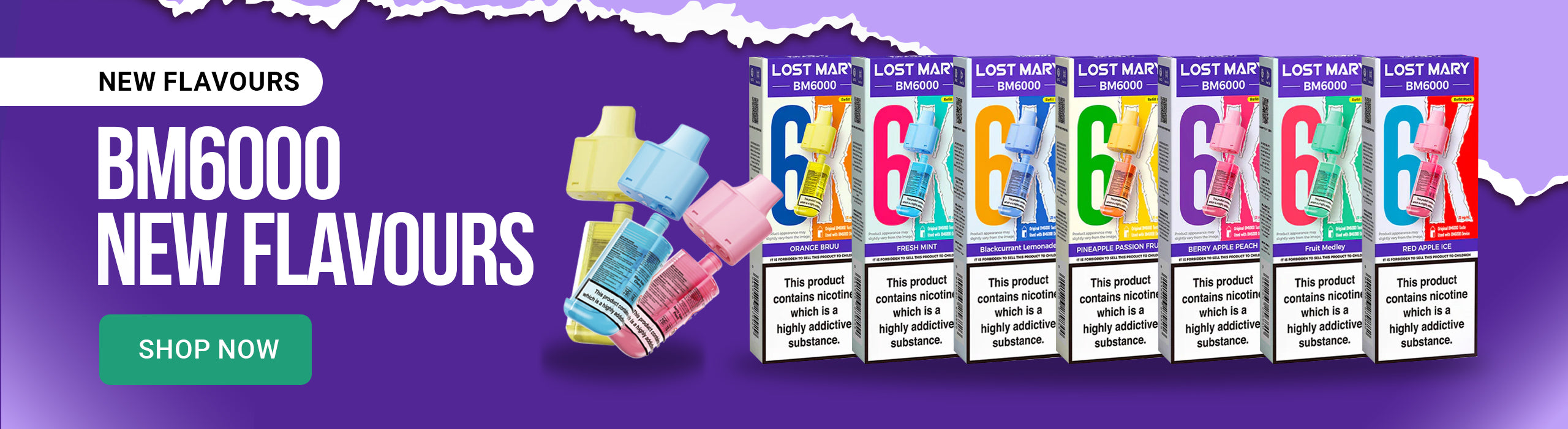 Lost Mary vape device and packaging with 'BM6000' text on a purple background