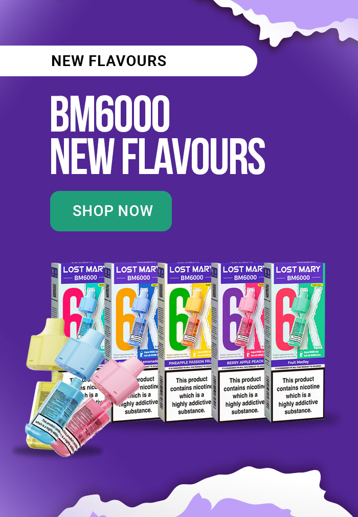 Promotional image of Lost Mary BM6000 vape devices with colorful packaging on a purple background.