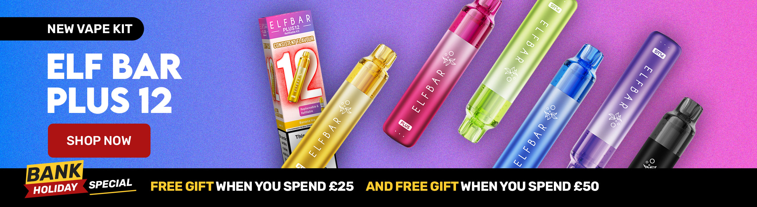 Elf Bar Plus 12 Vape devices on a purple background with a free gift promotional message