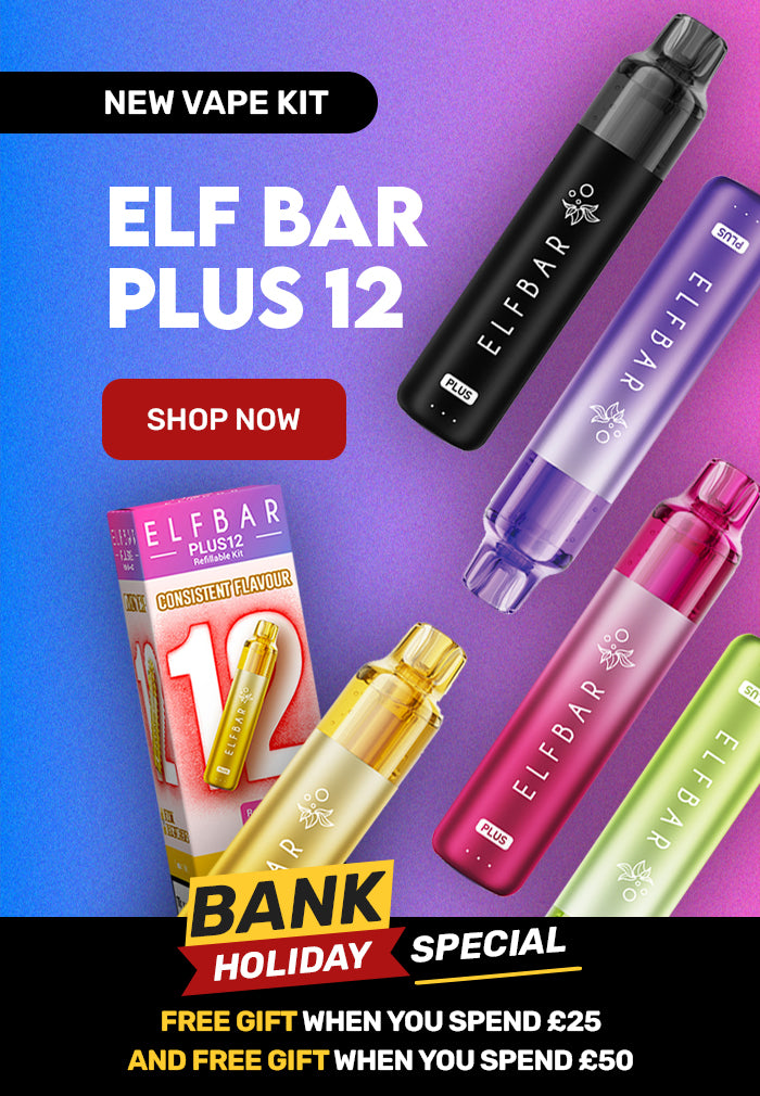 Elf Bar Plus 12 Vape devices on a purple background with a free gift promotional message