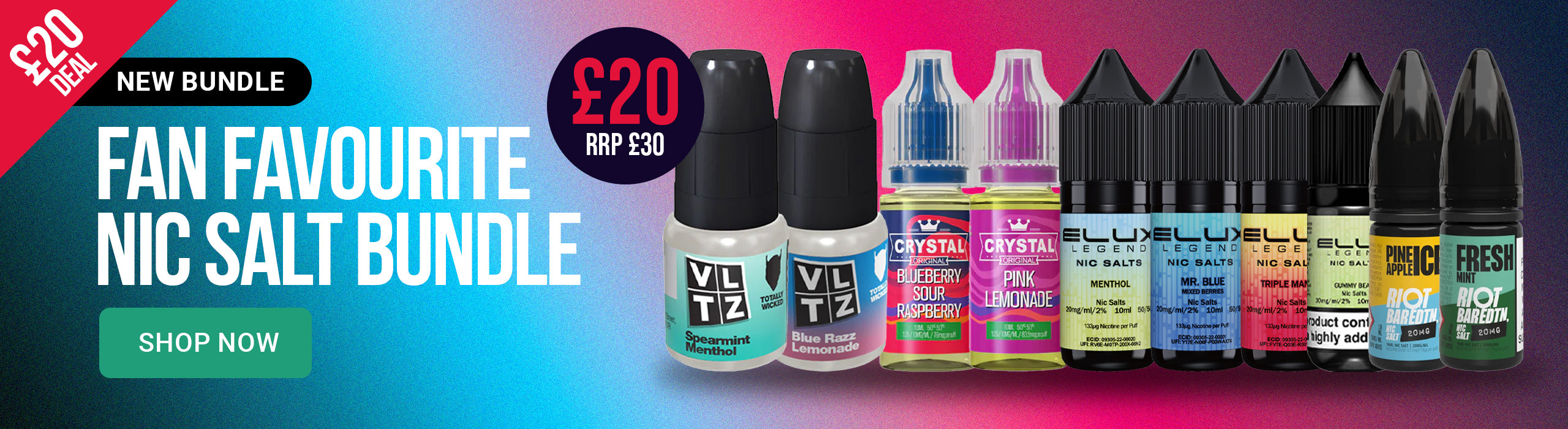 Different e-liquid bottles on a red and blue background showing a fan favourite bundle