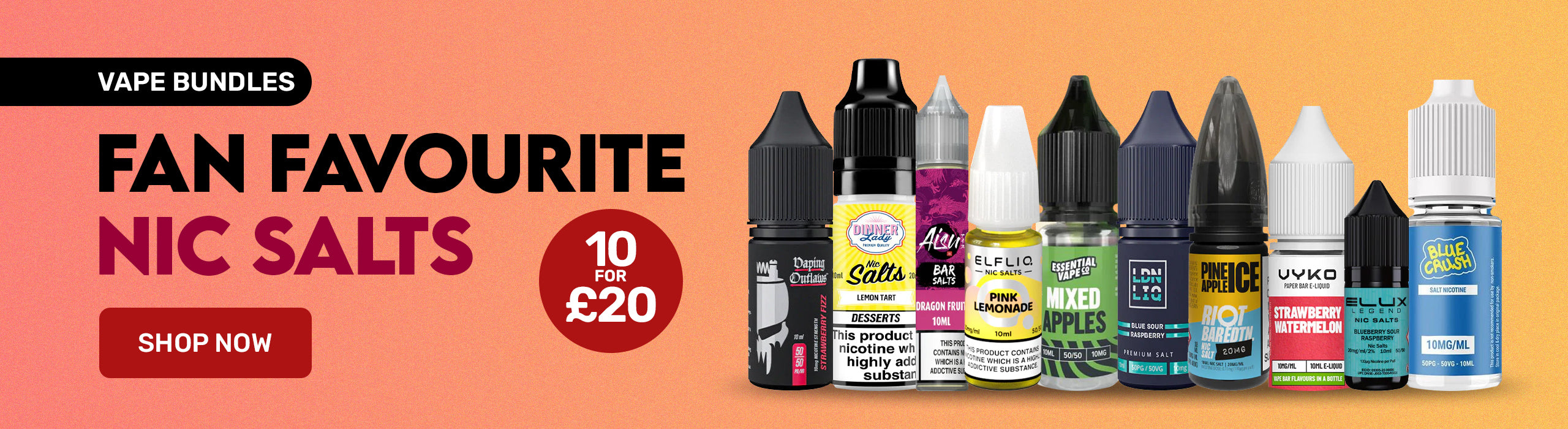 Vape liquid bottles with colorful labels on a gradient background, promoting fan favorite nicotine salts.