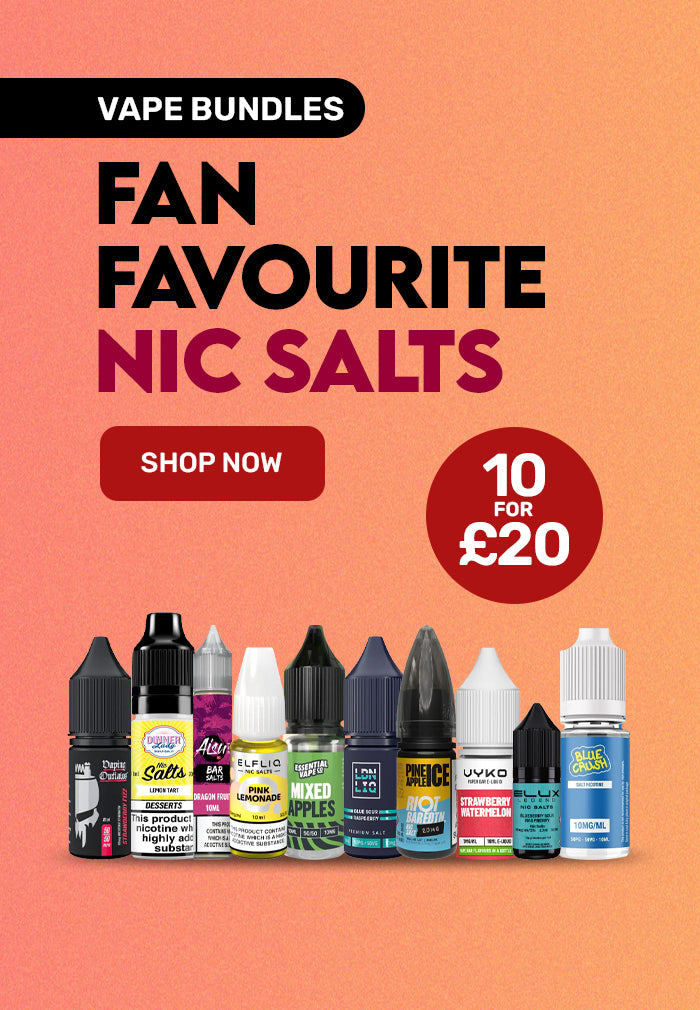 Promotional poster for vape bundles with various vape juice bottles on a peach background.