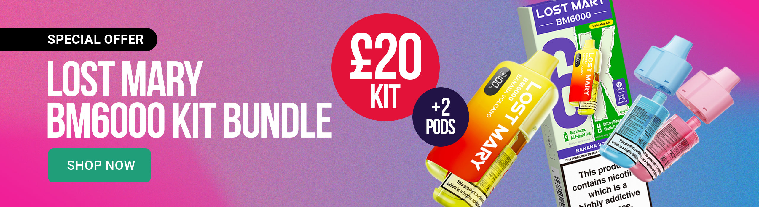 Promotional banner for Lost Mary BM6000 Kit Bundle with product images and pricing on a colorful background.