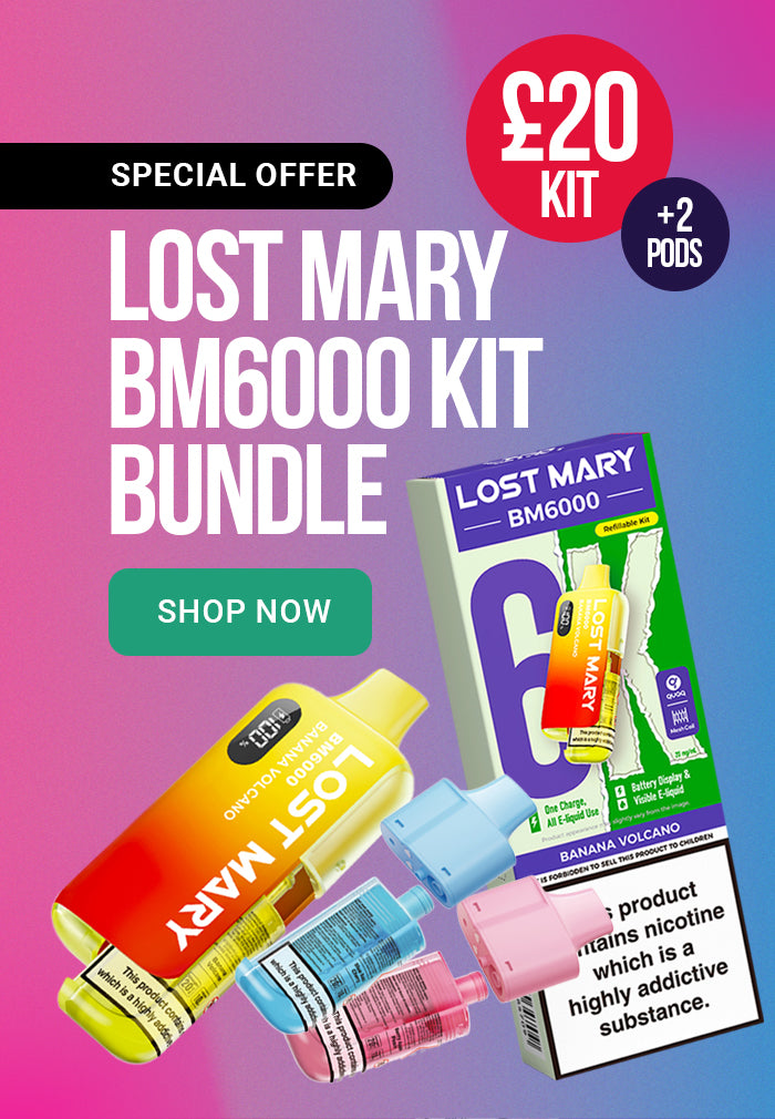 Promotional banner for Lost Mary BM6000 Kit Bundle with product images and pricing on a colorful background.