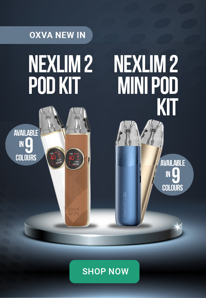 Promotional banner for OXVA NEXLIM 2 Pod Kit and NEXLIM 2 Mini Pod Kit, showing two vape devices on a pedestal against a dark patterned background with text and 'Shop Now' buttons.