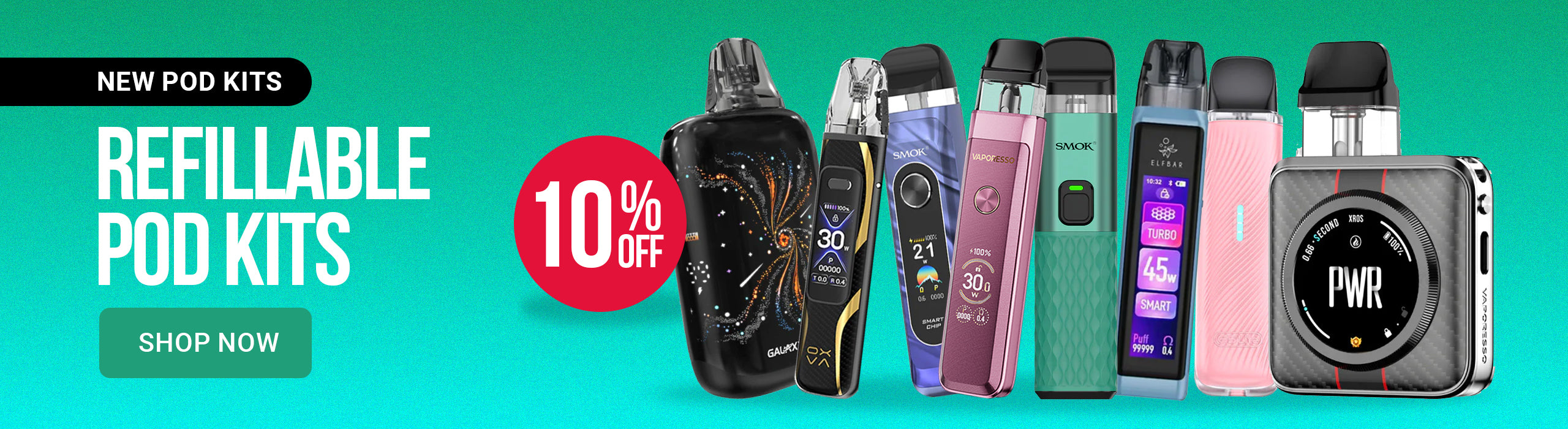 Promotional banner for refillable pod kits with various pod devices on a green background.