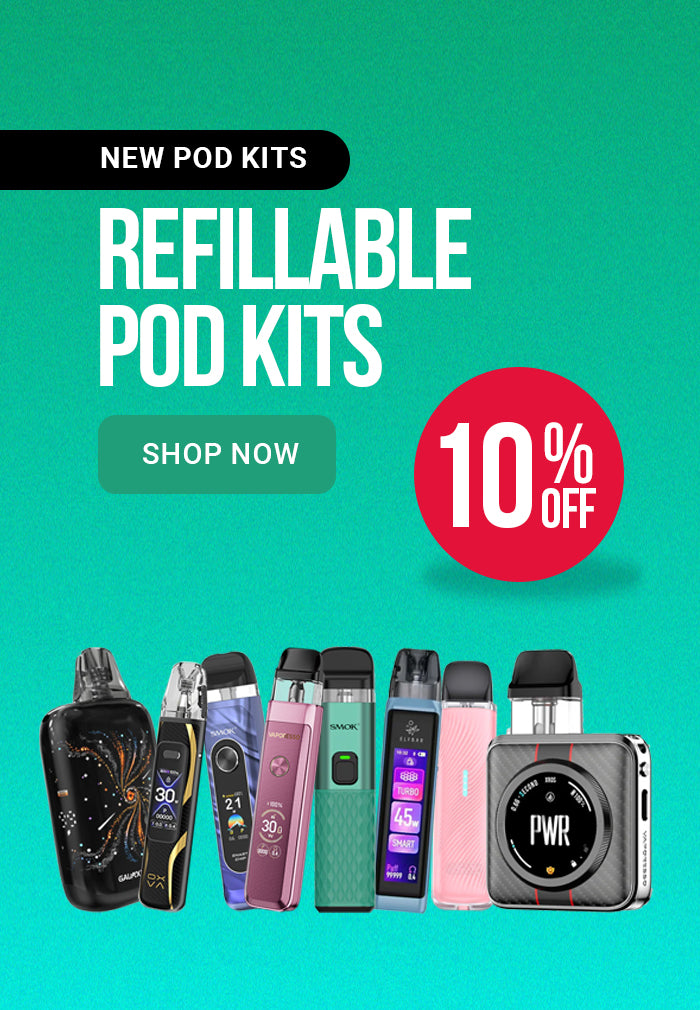 Promotional image of refillable pod kits with a 10% off discount on a teal background.