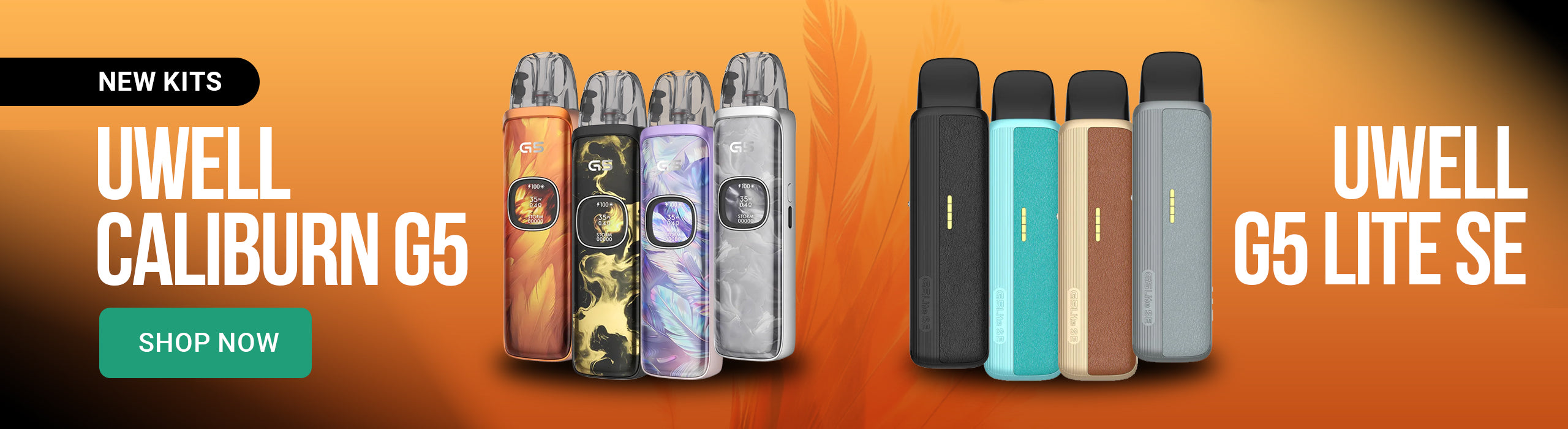 Uwell Caliburn G5 and G5 Lite SE vape devices on an orange background with promotional text.