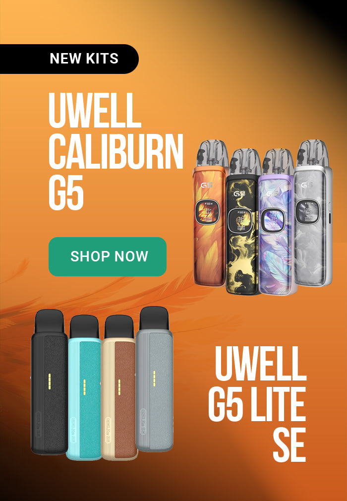 Promotional image of Uwell Caliburn G5 vaping devices with a call to action on an orange background.