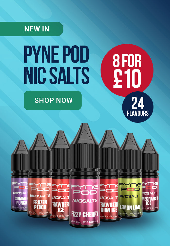 A promotional graphic for Pyne Pod Nic Salts showing eight small e-liquid bottles in assorted flavours against a blue gradient background with sale text reading 'NEW IN PYNE POD NIC SALTS', '8 FOR £10', and '24 FLAVOURS'.