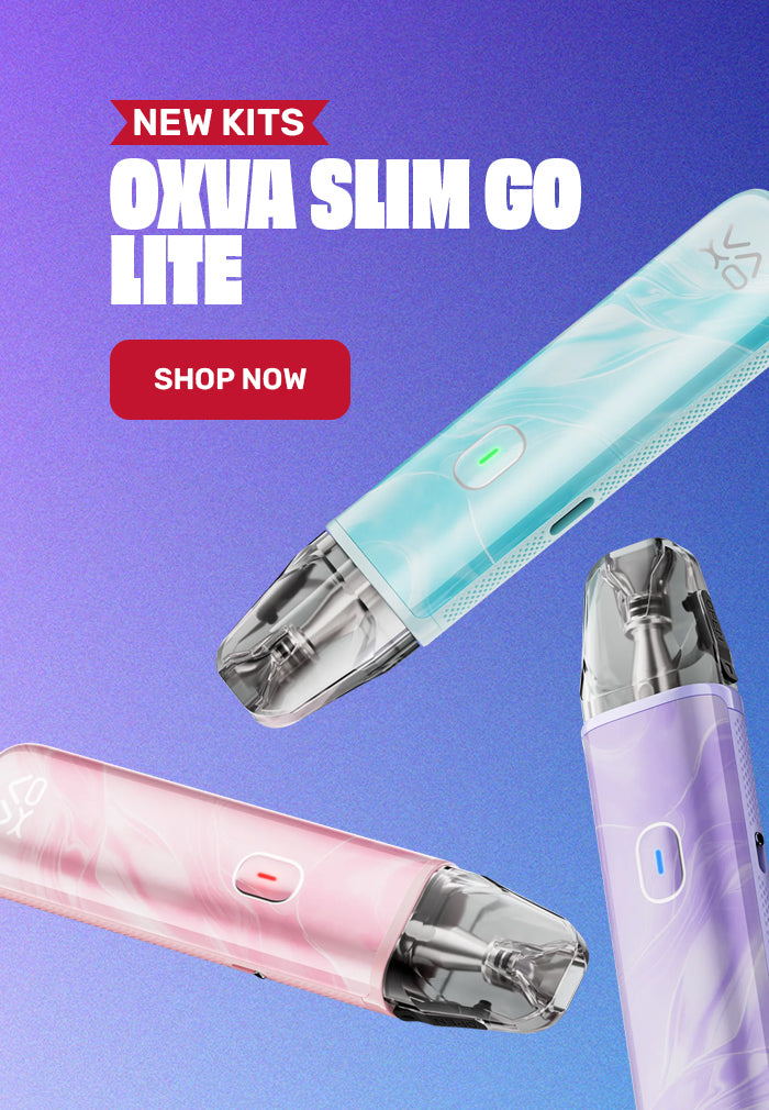 OXVA Slim Go Lite vape devices on a gradient blue background with promotional text.