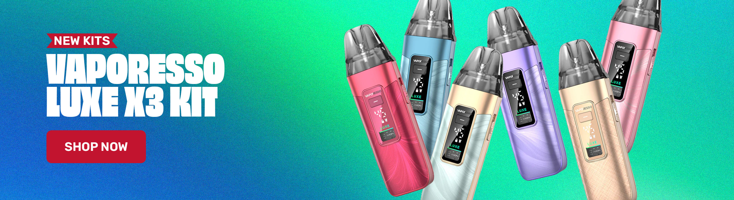 Vaporesso Luxe X3 Kit with colorful devices on a gradient blue and green background