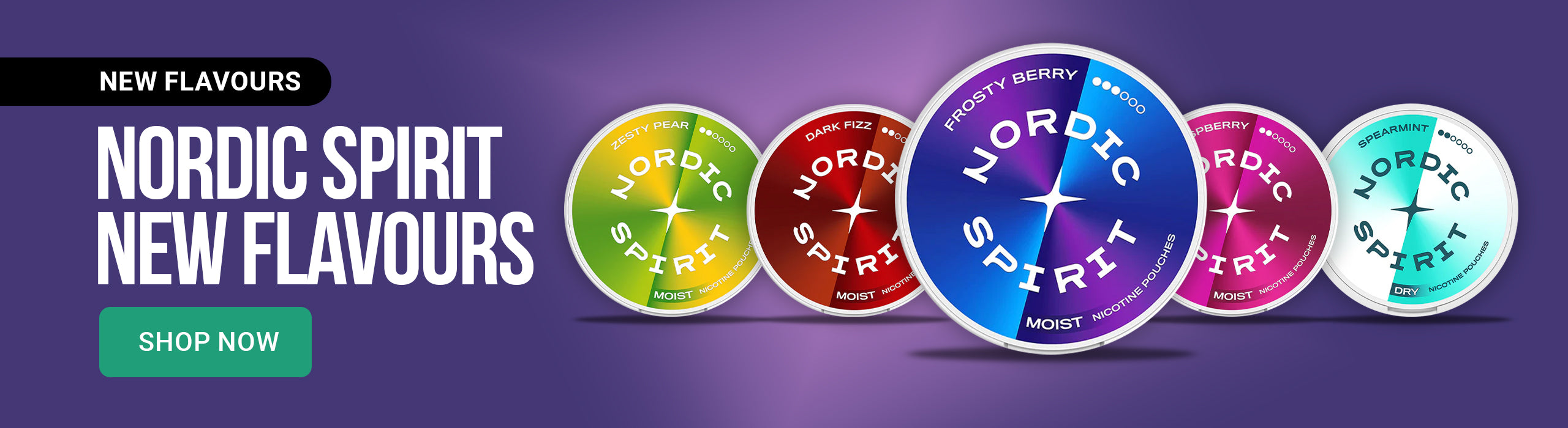 Promotional banner for Nordic Spirit new flavors with colorful circular product images on a purple background.